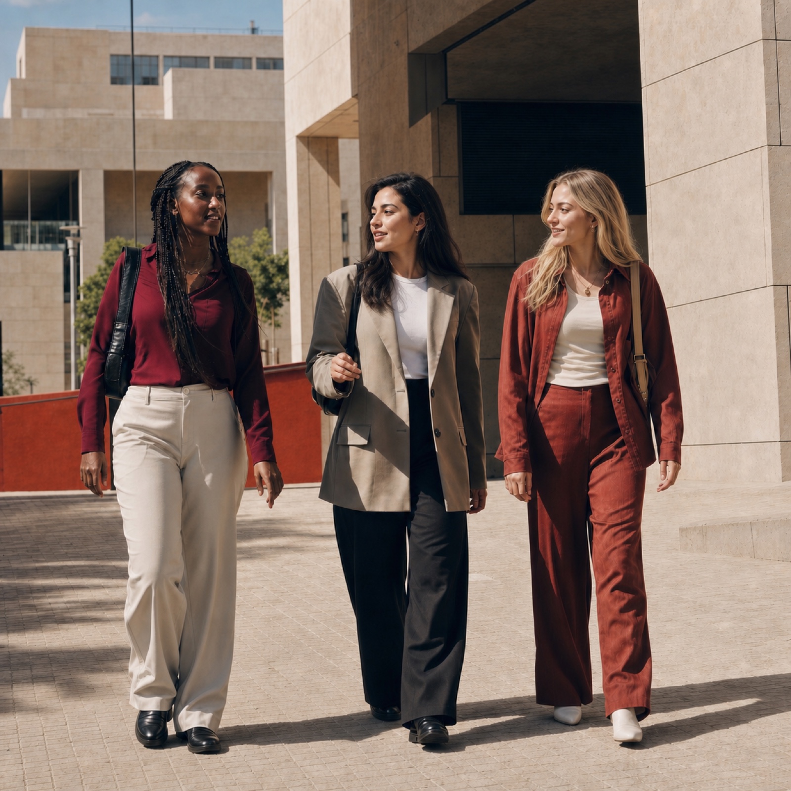 Three young women walking together through an urban campus