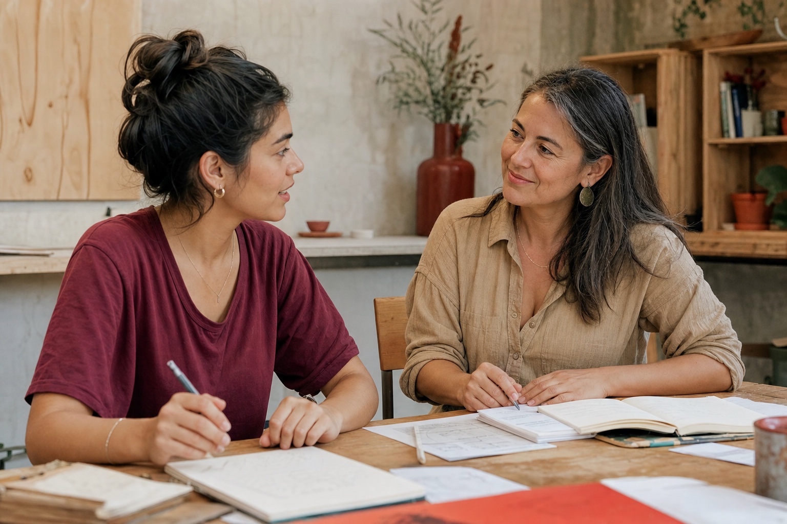 A mentor and young woman sharing a warm conversation at a table